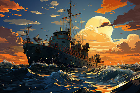 潜艇素材沉船下浮出的插画
