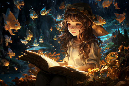 夜晚看书的女孩背景图片