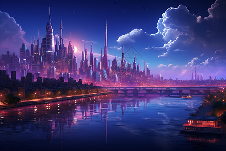 空中之城夜空中的虚拟之城插画