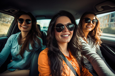 三位女士开心地在车上笑着图片