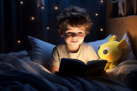 在床上看书的男孩图片