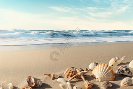 贝壳散落在海滩上背景图片