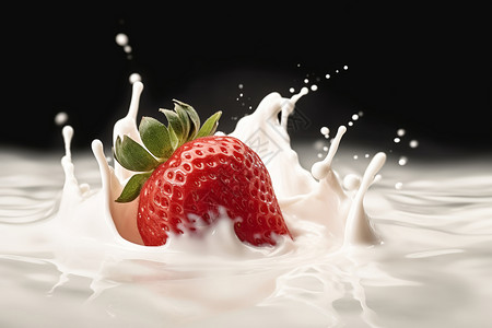 牛奶喷溅效果牛奶海洋中草莓喷溅背景