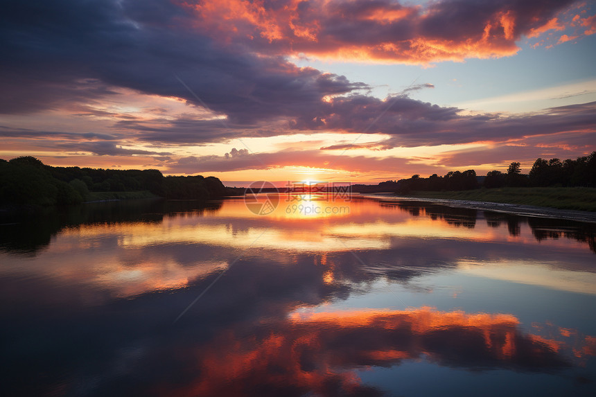 湖水上的日落景色图片