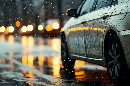 雨中行驶的汽车高清图片