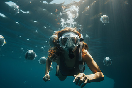 海里潜水戴面罩在海中游泳背景