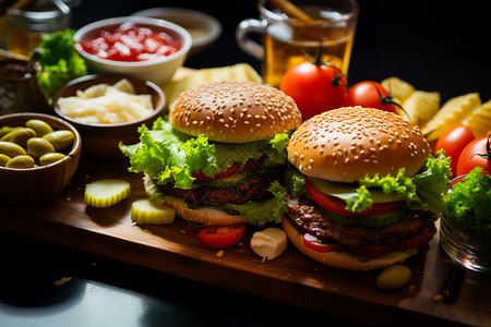 木板上的美味汉堡背景图片