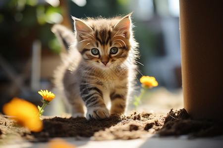 单手撑地的猫站在泥地上的小猫背景