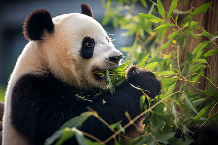 围栏前吃竹子的熊猫图片