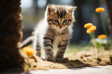 踩在泥沙上的小猫图片