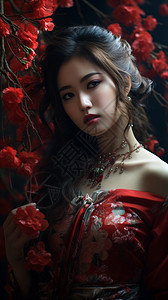 女鲜花靠着红色花的女模特背景