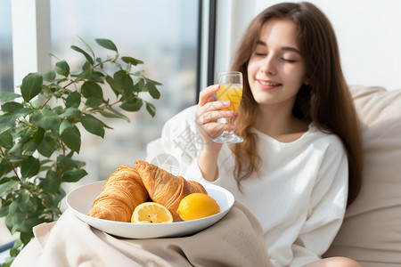 女士买早餐惬意享用早餐的女士背景