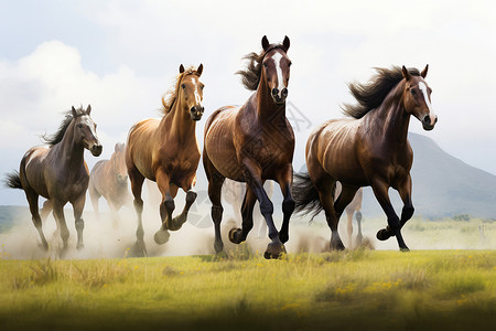 桌面灰尘草地上驰聘的马群背景