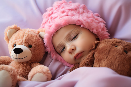 床上的泰迪熊和婴儿图片