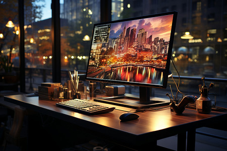 桌面上的显示器和键盘图片
