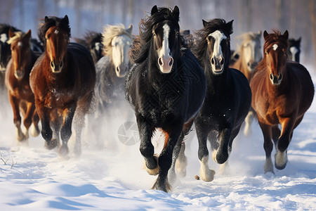 雪地中奔腾的马群背景图片