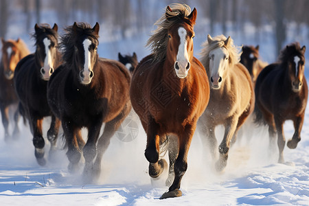 雪地中奔驰的马群背景图片