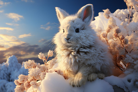 冬天里充满活力的雪兔背景
