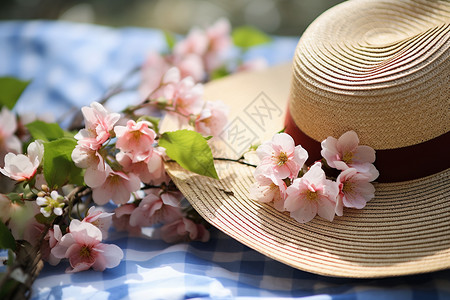 粉色餐布鲜花和太阳帽背景