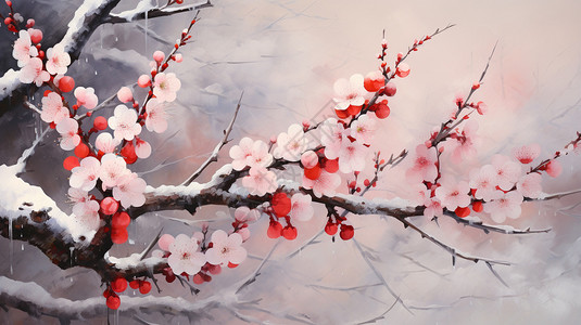 树枝开放雪中盛开的梅花插画