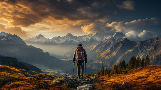 山顶上徒步旅行的男人背景图片