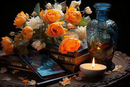 复古摆设桌子上的书和鲜花背景