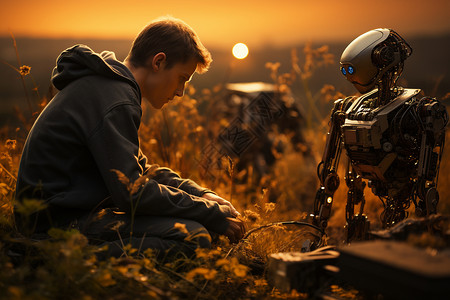 草与男孩夕阳草地里的机器人设计图片