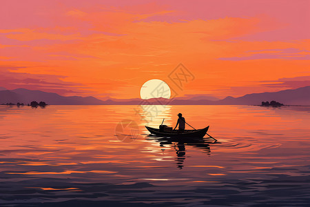 日落时的渔夫和船影图片