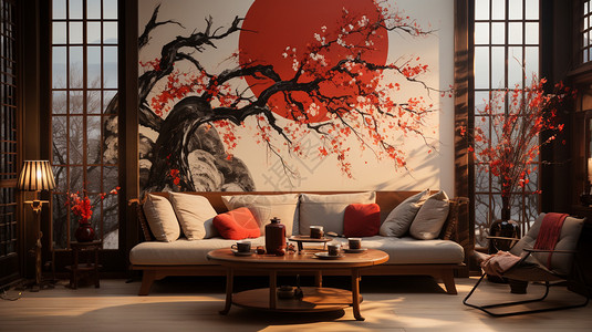 梅花和仙鹤中式风格的客厅设计背景