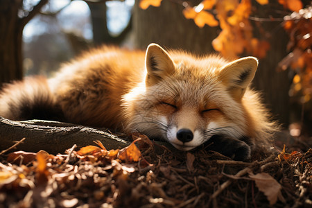 睡觉狐狸红狐在秋日的公园里背景