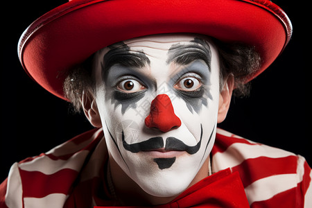 无语的幽默：男子戴着红帽的小丑艺术作品背景