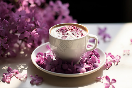 一杯咖啡和紫色花朵图片