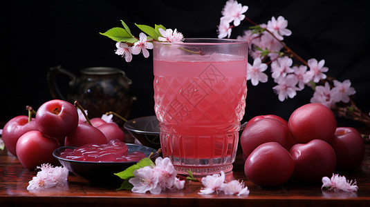 樱花鸡尾酒桌子上的水果和饮品背景