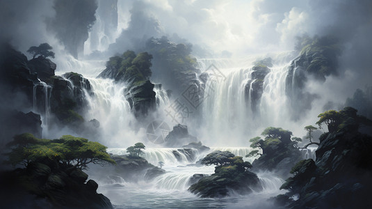 峡谷瀑布壮观的美丽瀑布插画