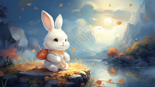 坐着石头上美女在石头上坐着的兔子插画