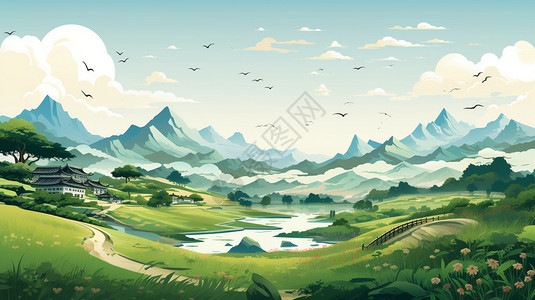 山脉中的河流插画图片