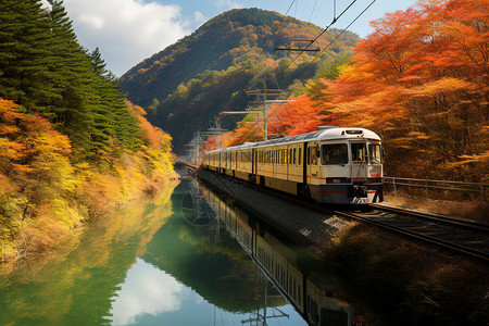 河边跑道秋天的火车旅行背景