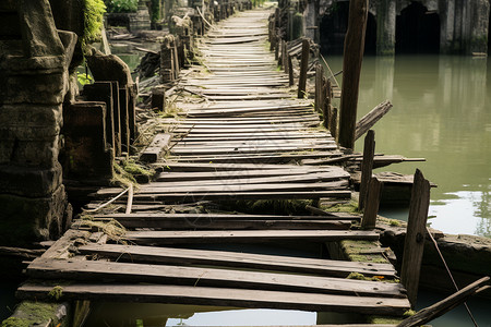 湖畔的木桥建筑物的废墟高清图片