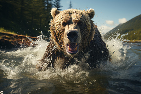 戏水的动物熊图片