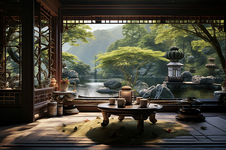 新中式茶屋背景图片