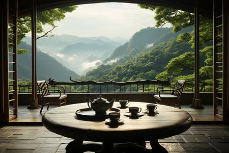 环境与金钱茶与山景背景