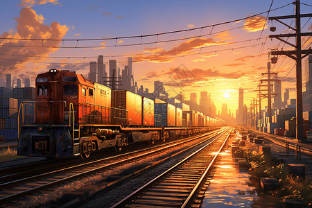 火车货运城市工业区的货运火车插画