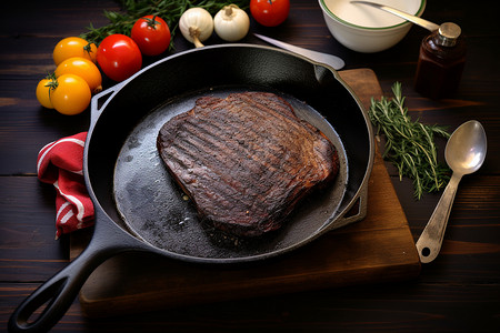 铁锅煎牛排烹饪烤肉排高清图片