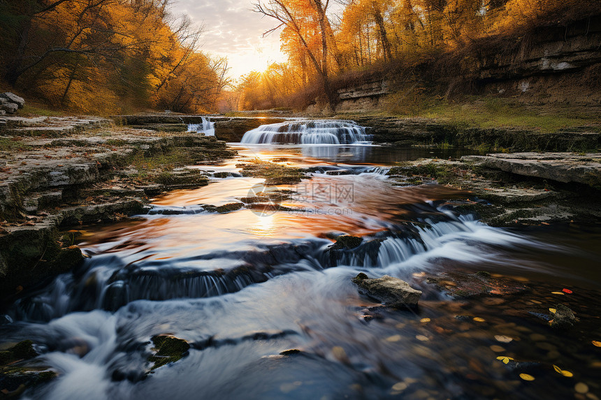 秋日傍晚的溪流瀑布图片