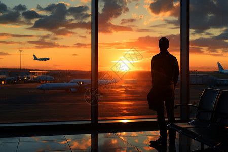机场门口夕阳下的机场等待背景