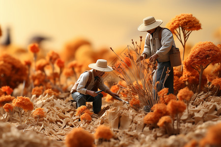 农民与小麦地丰收与秋天的美景插画