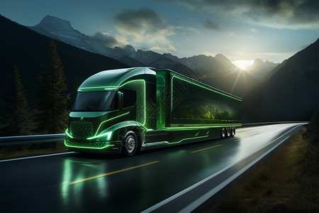 公路客车夜幕下的绿色半挂卡车设计图片
