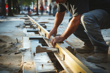 道路施工工具工人在修理路面背景