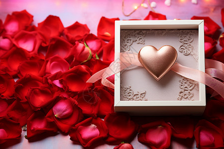 玫瑰花瓣上的爱心礼盒背景图片