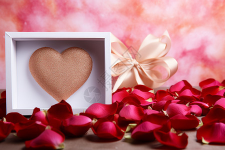心形礼盒和玫瑰花瓣背景图片